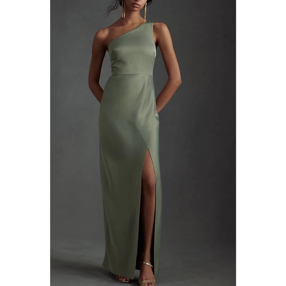 BHLDN Dresses & Skirts - NWT BHLDN Moss Green Dylan One-shoulder Satin Charmeuse Side-Slit Gown size 10